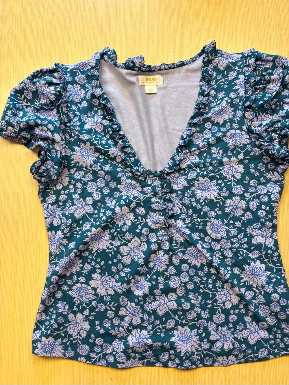 Maeve Anthropologie Puff-Sleeve Ruffle Henley Tee Blouse Teal Floral Sz L